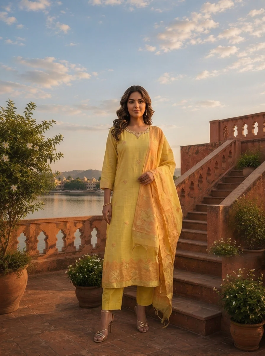 Yellow Chanderi Silk Maple Leaf Weaved Three Piece Set - Image 2