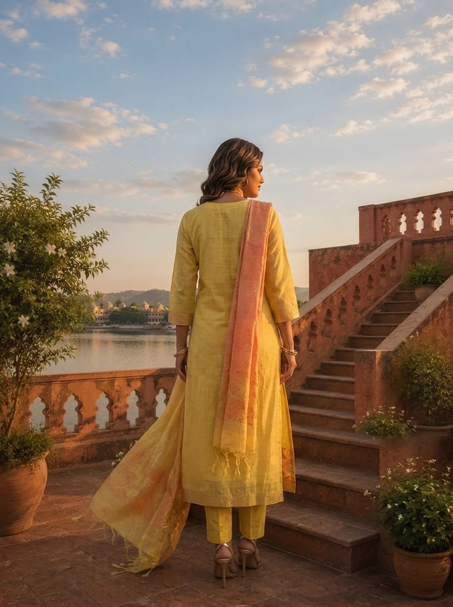 Yellow Chanderi Silk Maple Leaf Weaved Three Piece Set - Image 3