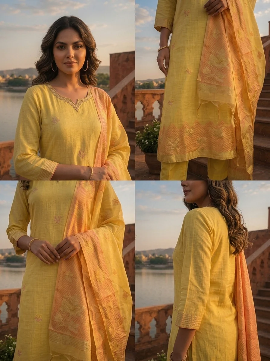 Yellow Chanderi Silk Maple Leaf Weaved Three Piece Set - Image 5
