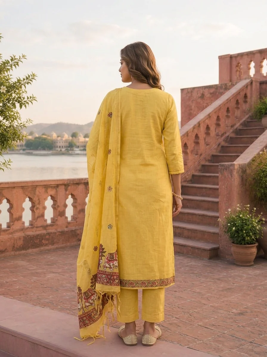 Yellow Chanderi Silk Pichwai Motif Weaved Three Piece Set - Image 2