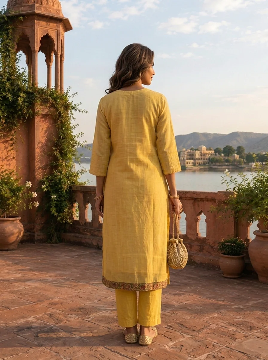 Yellow Chanderi Silk Pichwai Motif Weaved Three Piece Set - Image 3