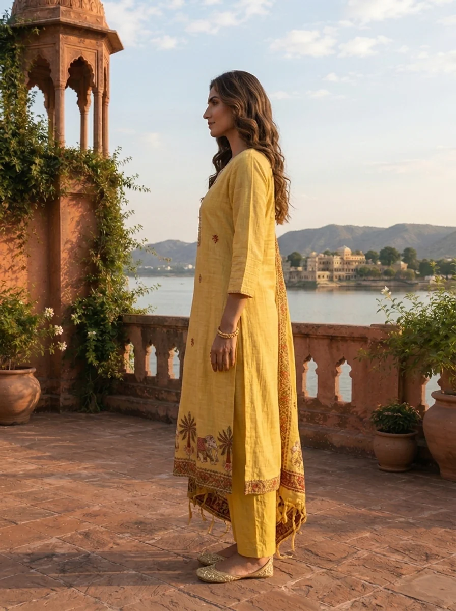 Yellow Chanderi Silk Pichwai Motif Weaved Three Piece Set - Image 4