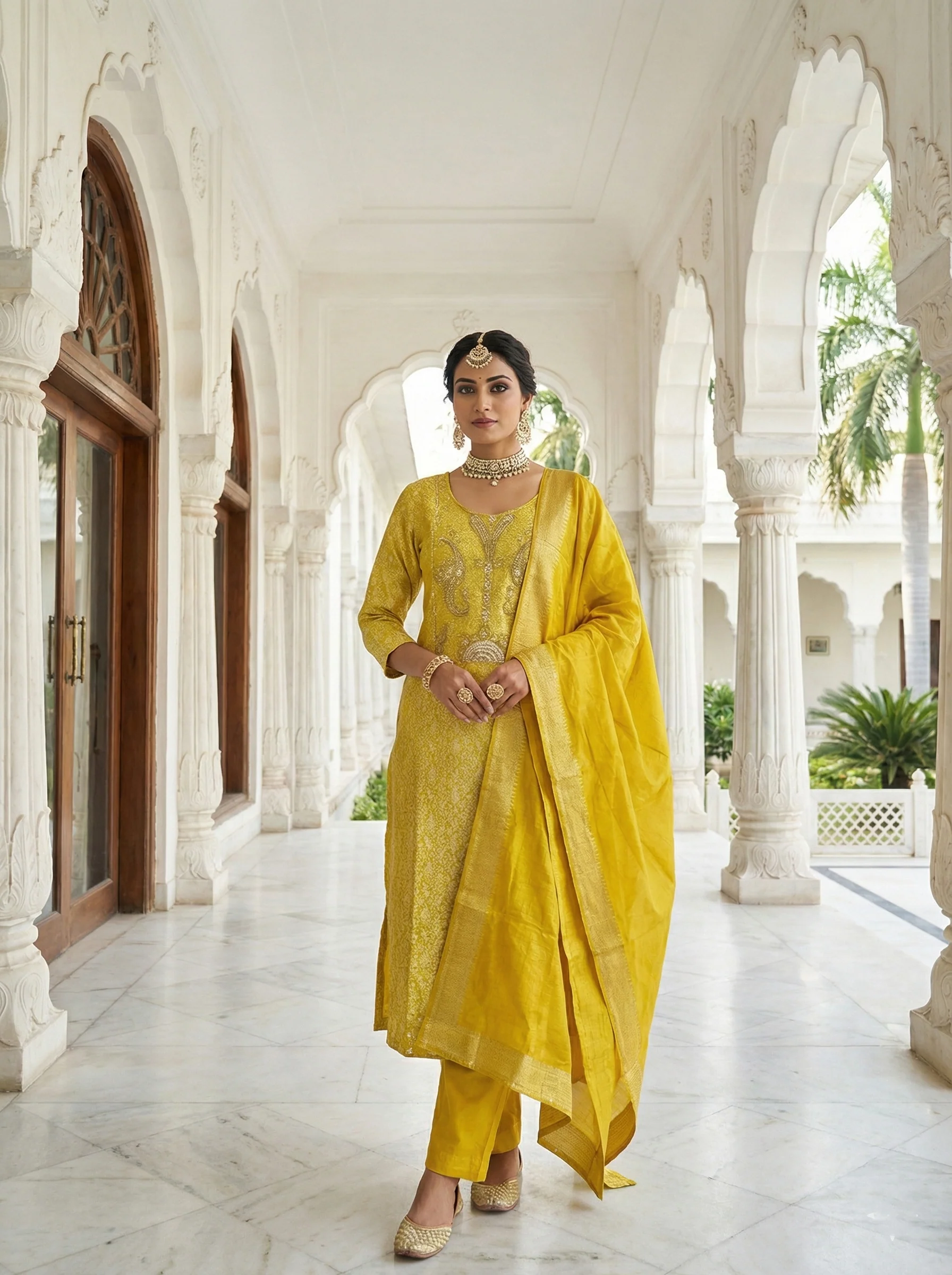 Yellow Chinnon Zari Embroidery Three Piece Set - Image 3