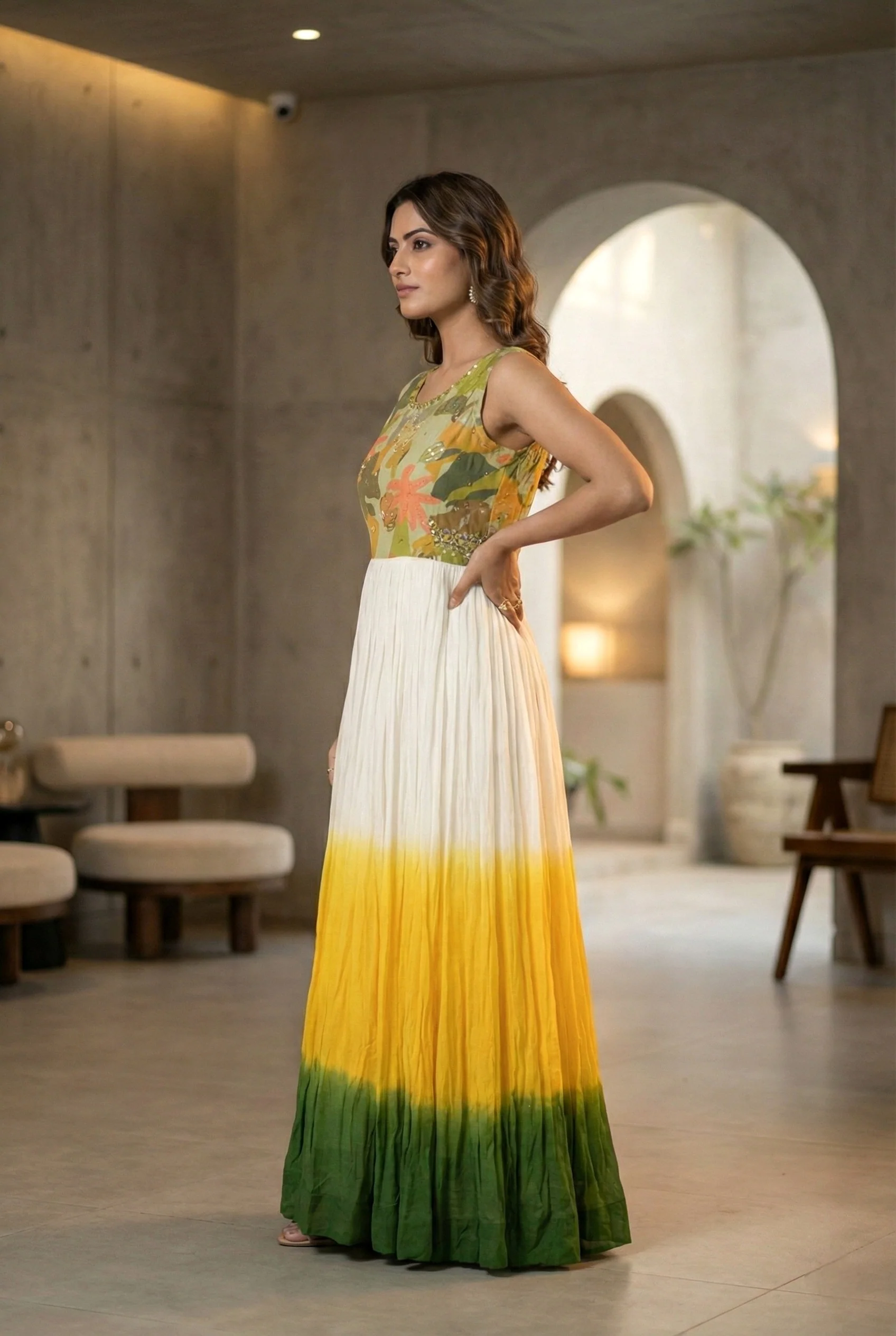 Yellow Chinon Floral Digital Printed Long Dress - Image 2