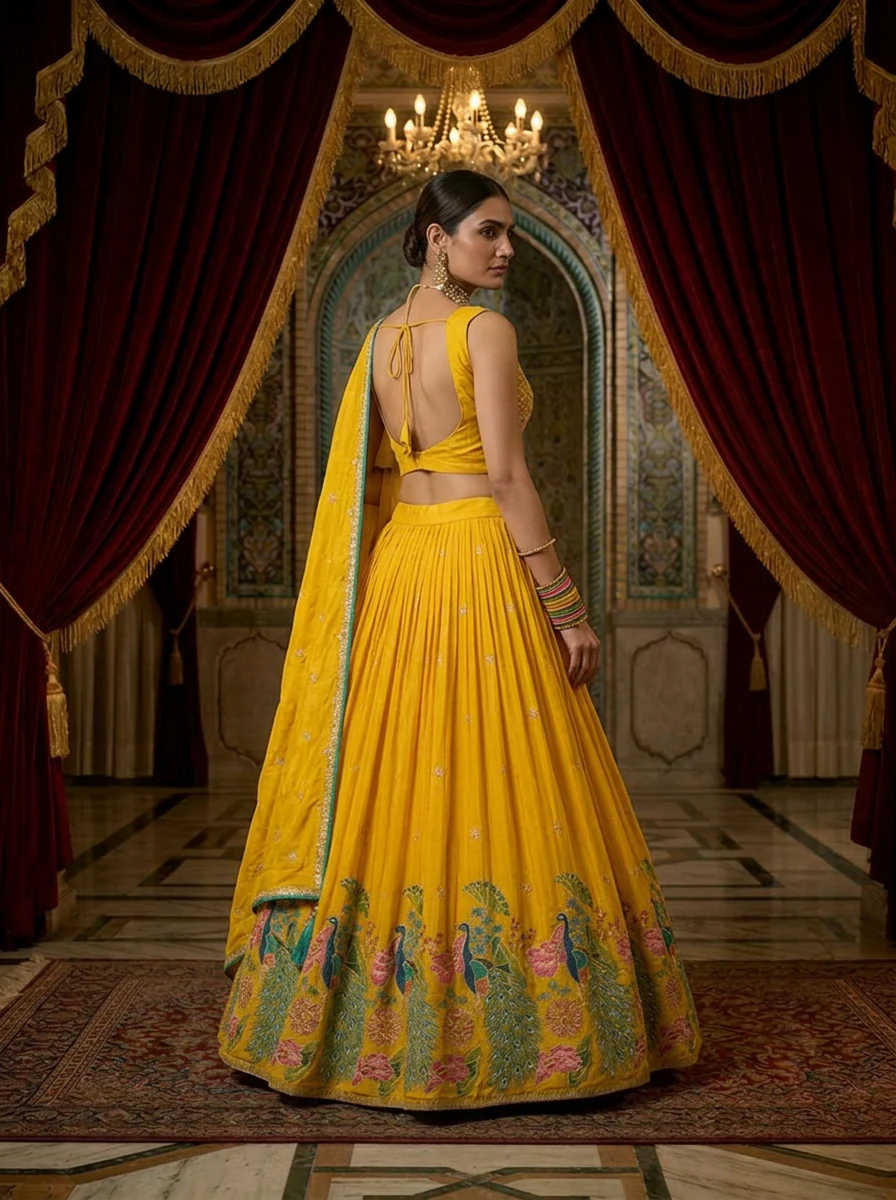 Yellow Chinon Floral Embroidery Ghagra Set - Image 2