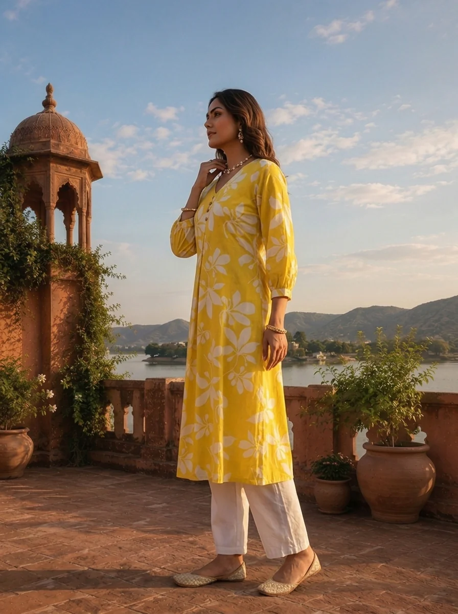 Yellow Cotton Bold Leaf Printed Kurta - Image 3