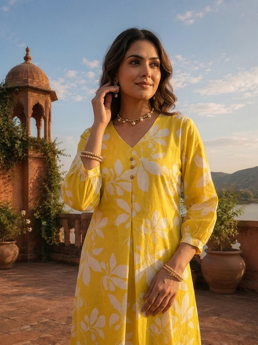 Yellow Cotton Bold Leaf Printed Kurta - Image 4