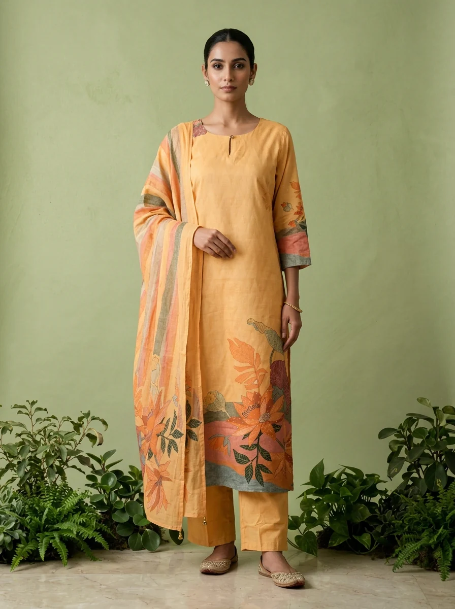 Yellow Cotton Digital Printed Three Piece Set