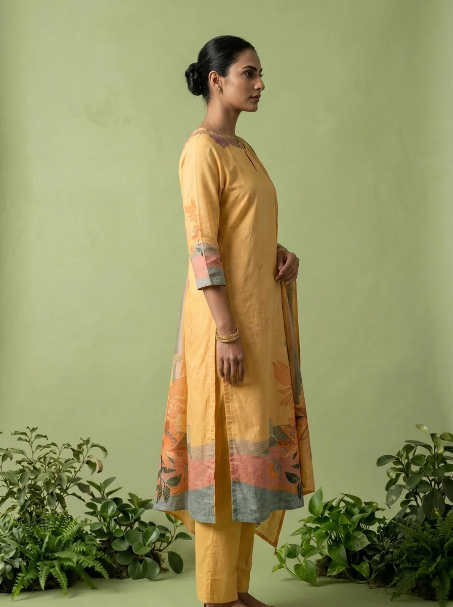 Yellow Cotton Digital Printed Three Piece Set - Image 3
