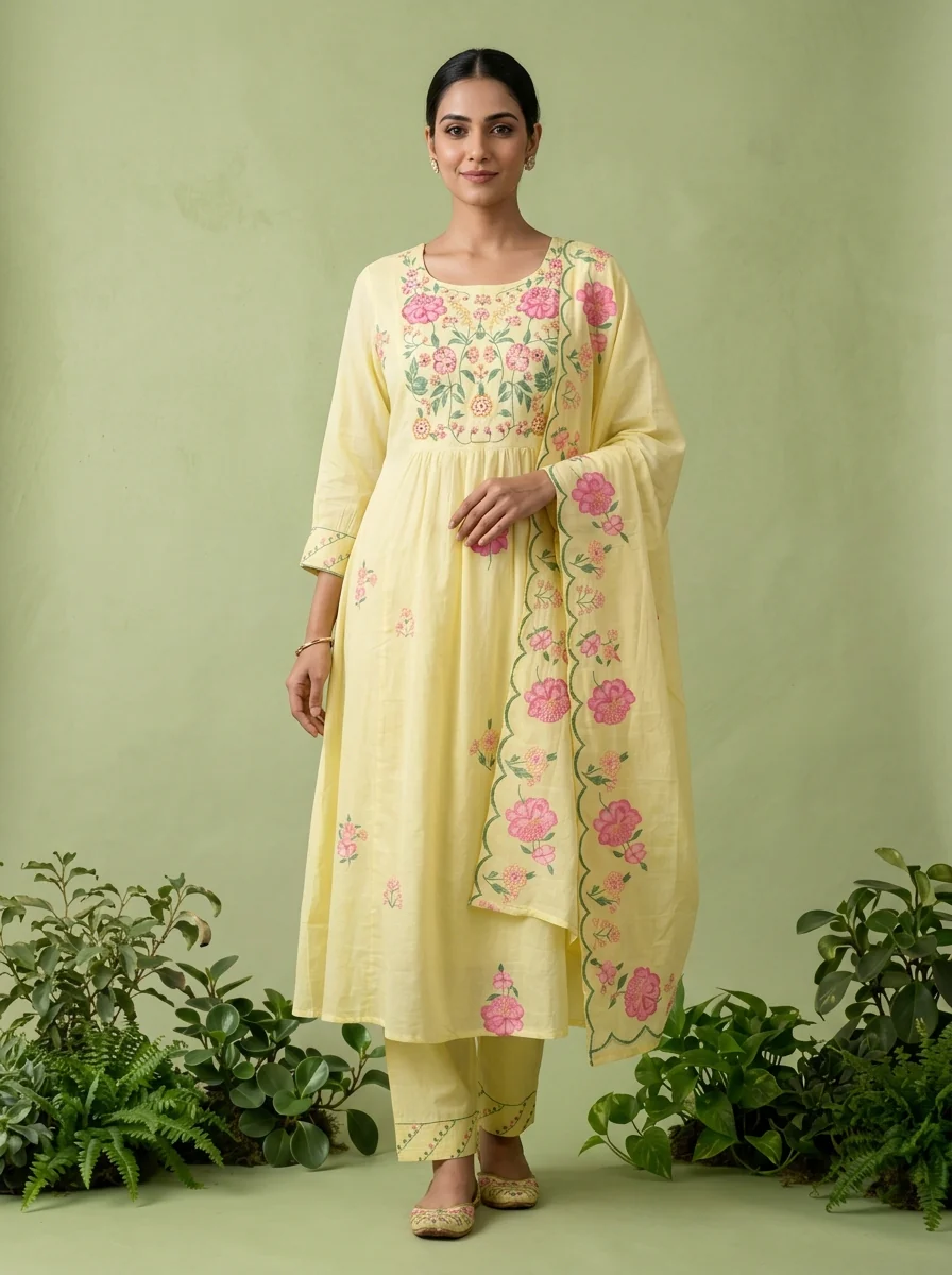 Yellow Cotton Floral Printed Three Piece Set - Image 2