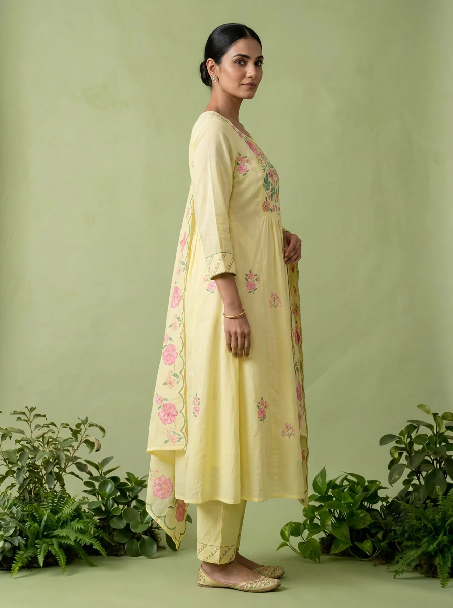 Yellow Cotton Floral Printed Three Piece Set - Image 3