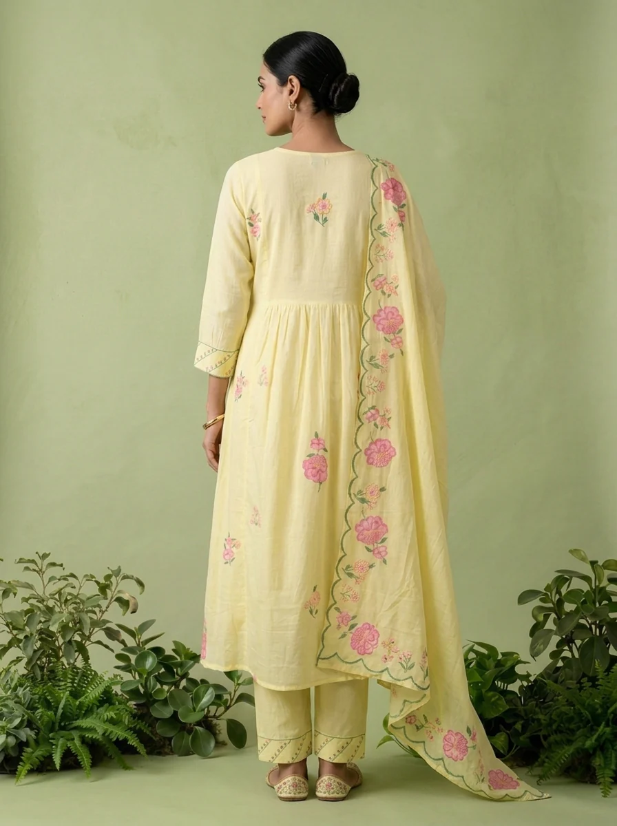 Yellow Cotton Floral Printed Three Piece Set - Image 4