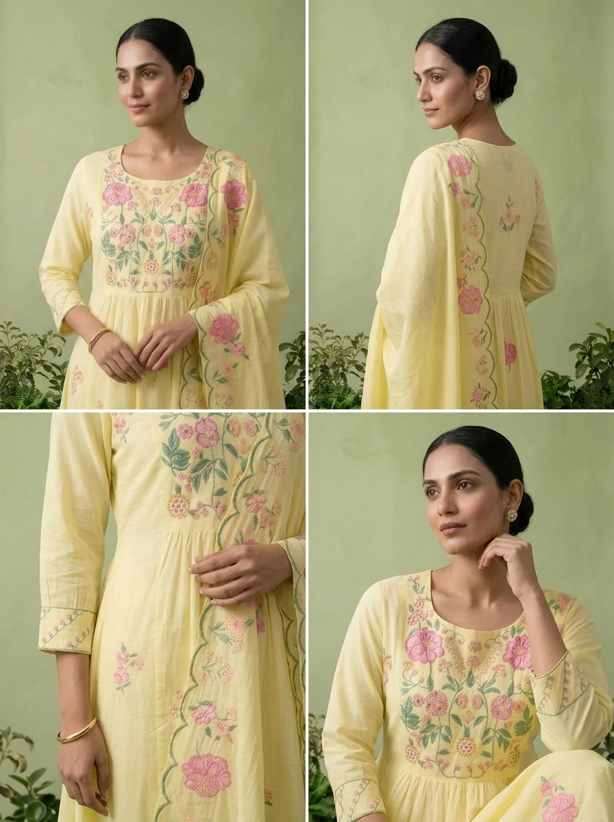 Yellow Cotton Floral Printed Three Piece Set - Image 5