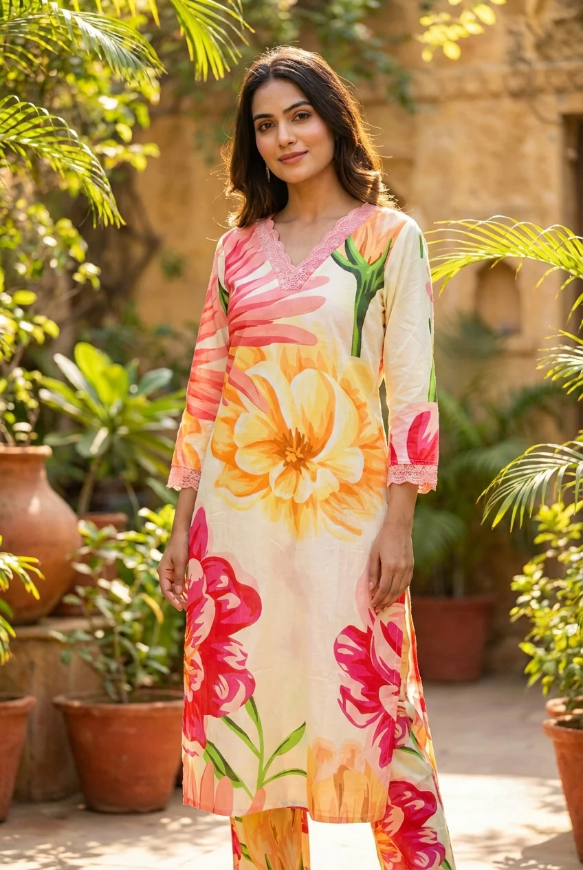 Yellow Cotton Floral Printed Two Piece Set - Image 2