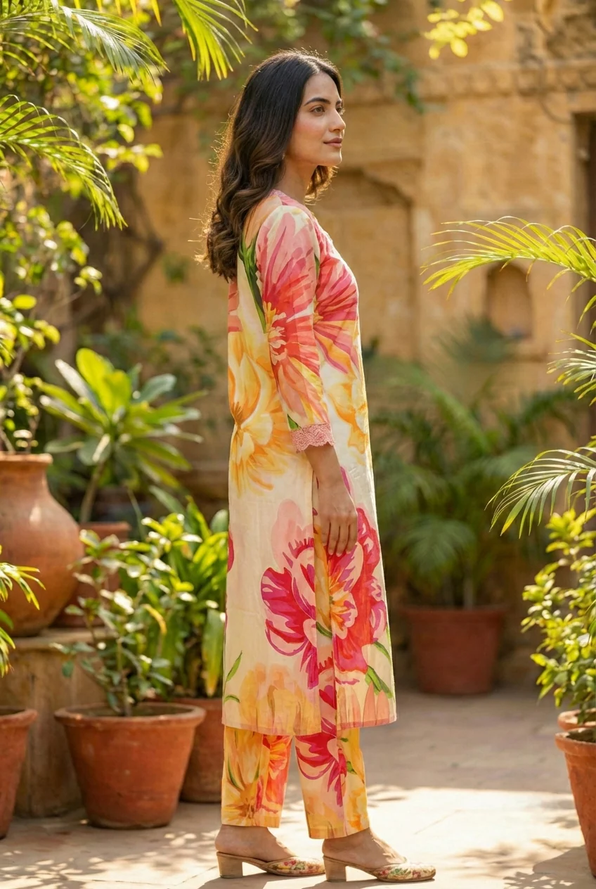 Yellow Cotton Floral Printed Two Piece Set - Image 3