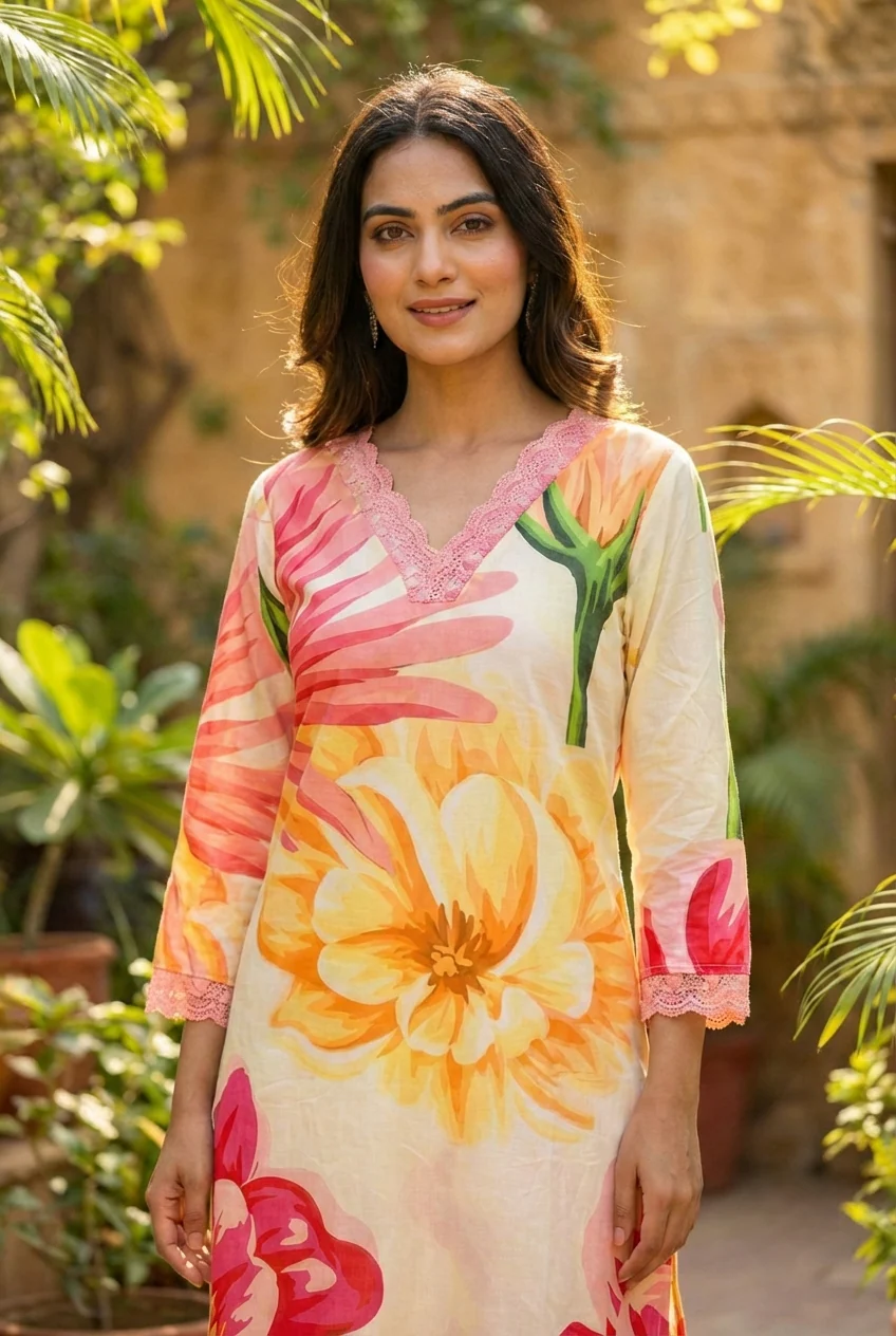 Yellow Cotton Floral Printed Two Piece Set - Image 4