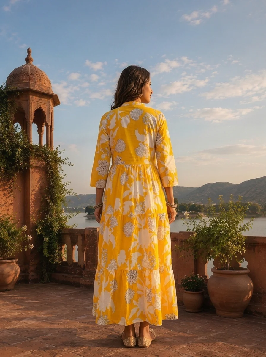 Yellow Cotton Hand Block Printed Aesthetic Dress - Image 2