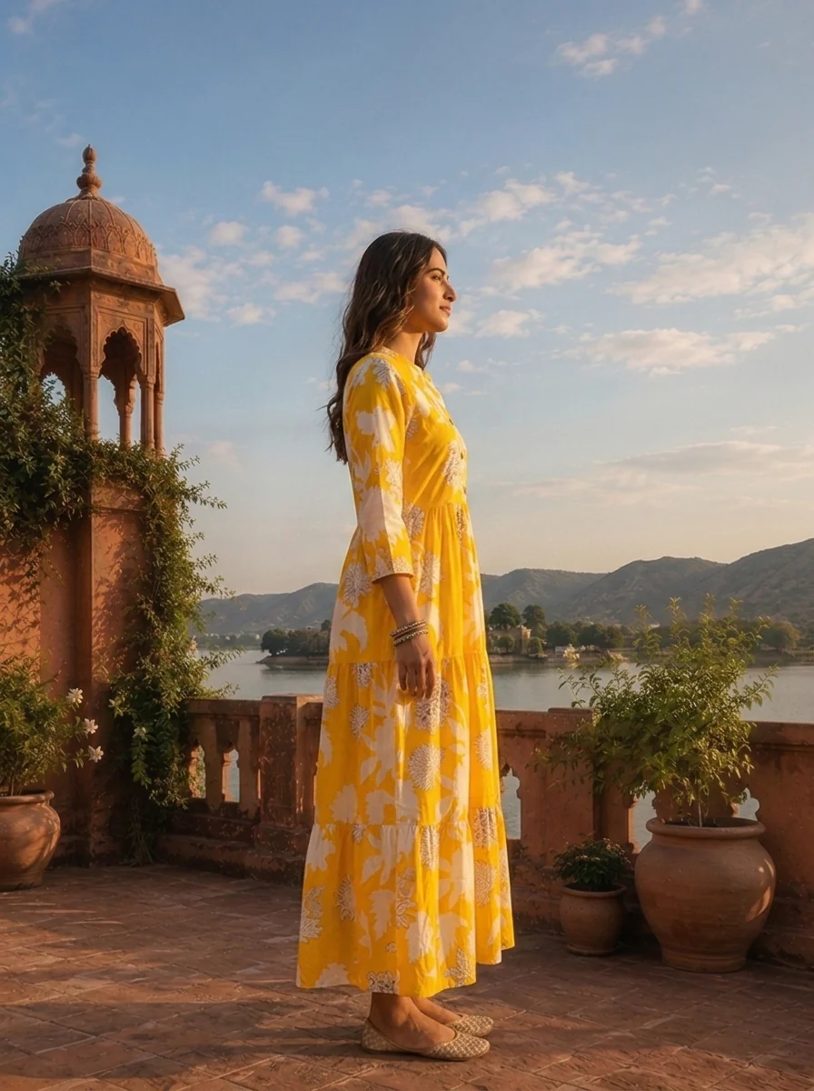 Yellow Cotton Hand Block Printed Aesthetic Dress - Image 3