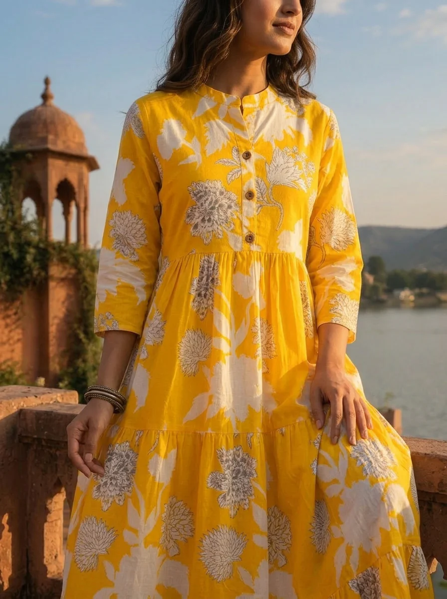 Yellow Cotton Hand Block Printed Aesthetic Dress - Image 4