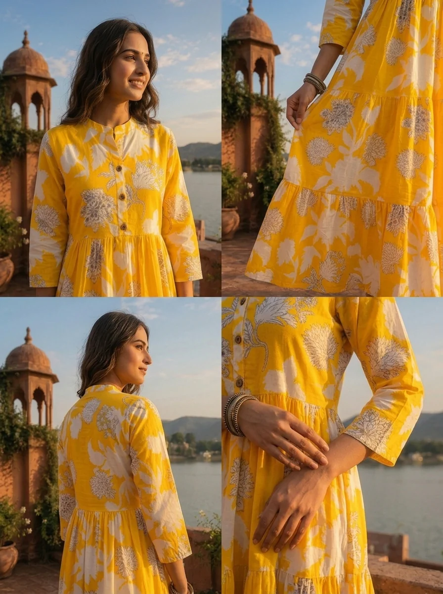 Yellow Cotton Hand Block Printed Aesthetic Dress - Image 5