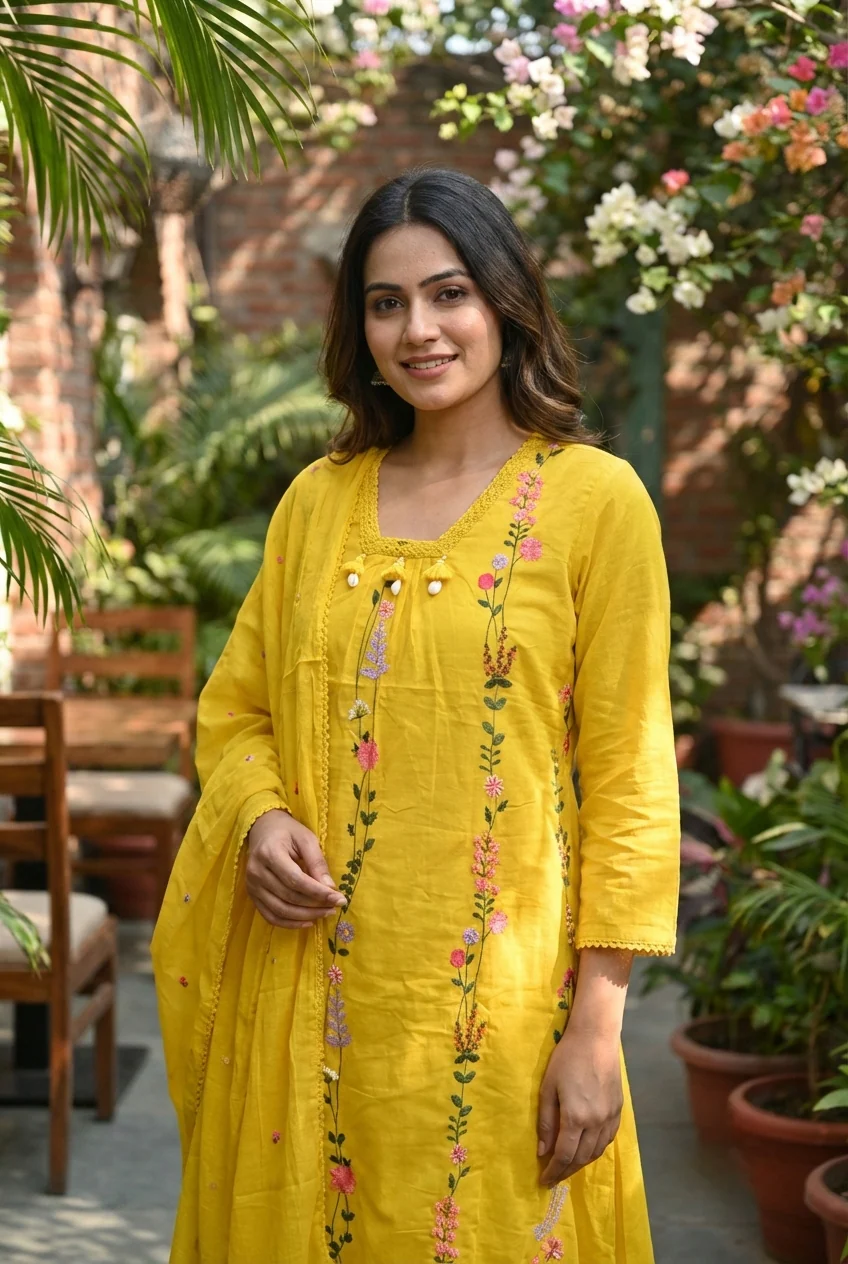 Yellow Cotton Hand Embroidery Three Piece Set - Image 2