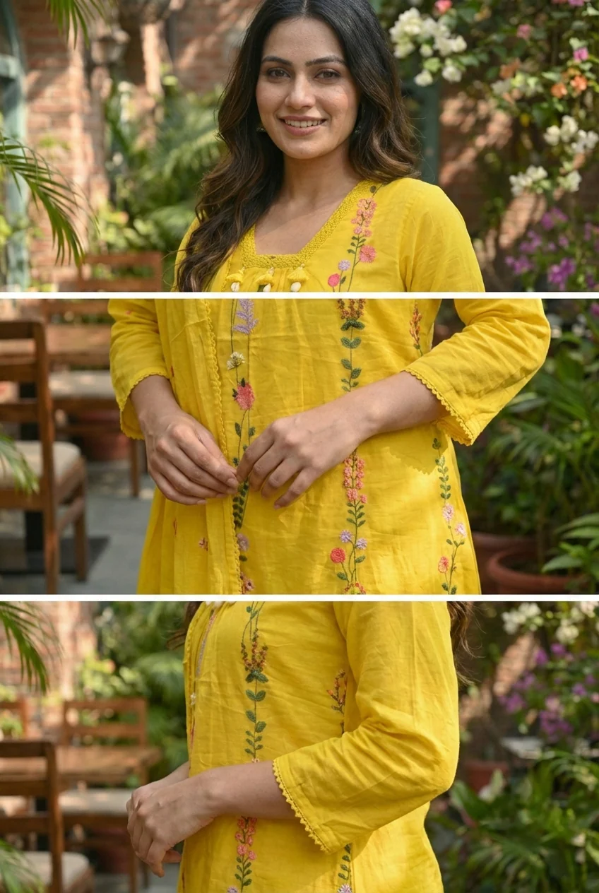 Yellow Cotton Hand Embroidery Three Piece Set - Image 4
