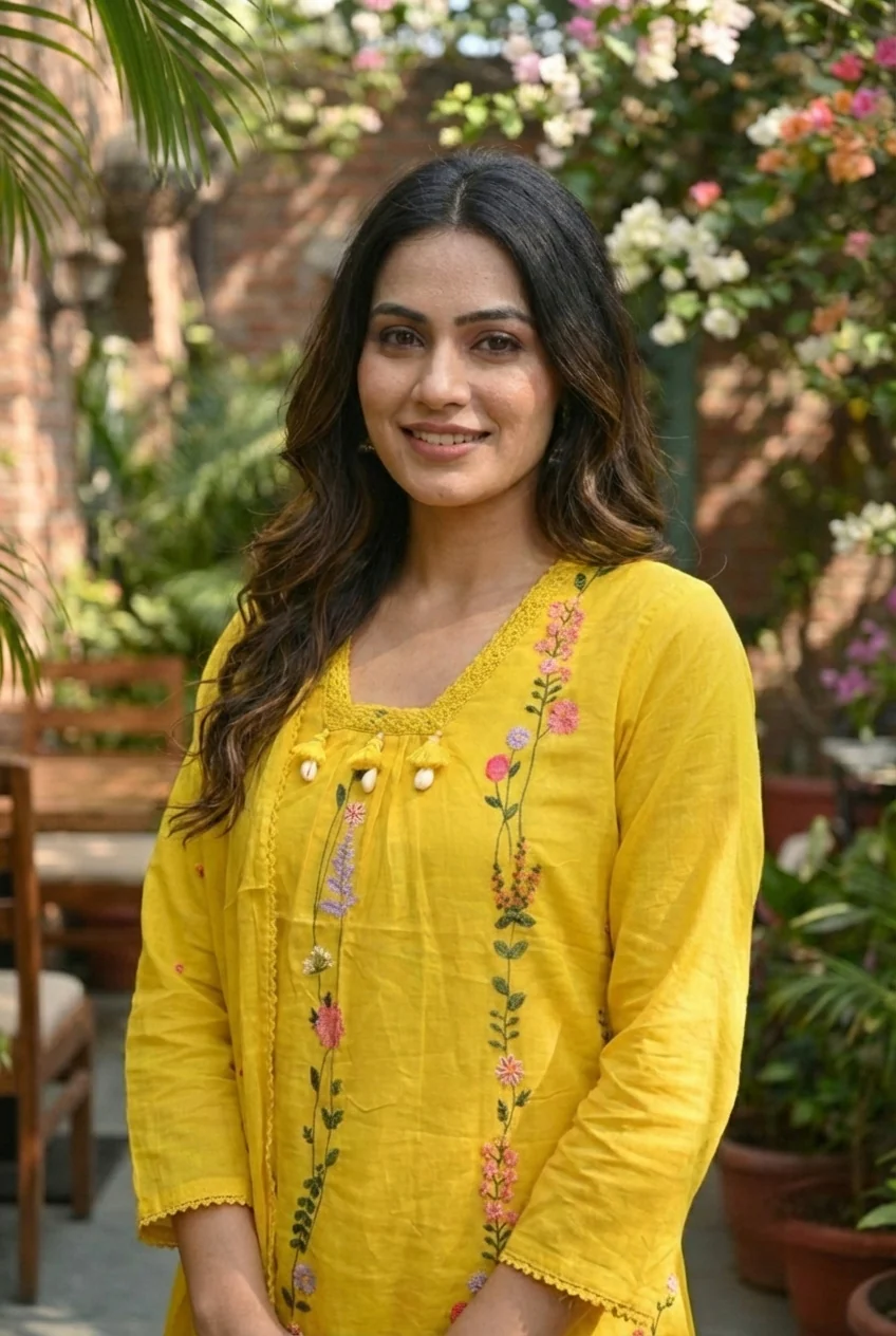 Yellow Cotton Hand Embroidery Three Piece Set - Image 5