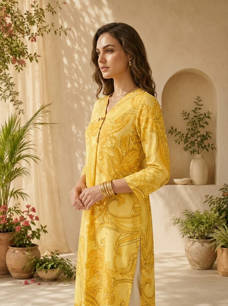 Yellow Cotton Heavy Paisley Printed Kurta - Image 4