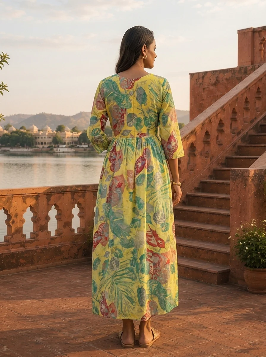 Yellow Cotton Monstera And Tropical Leaves Dress - Image 2