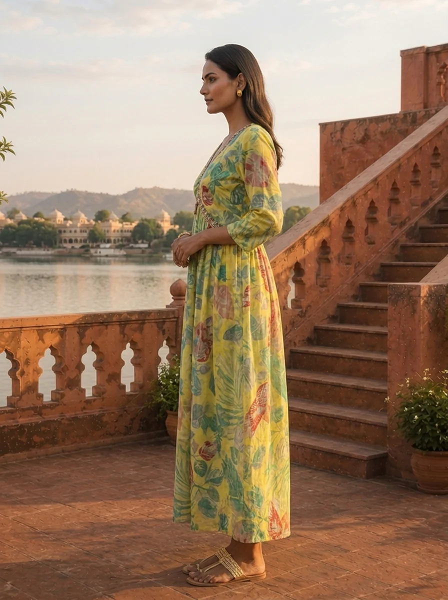 Yellow Cotton Monstera And Tropical Leaves Dress - Image 3