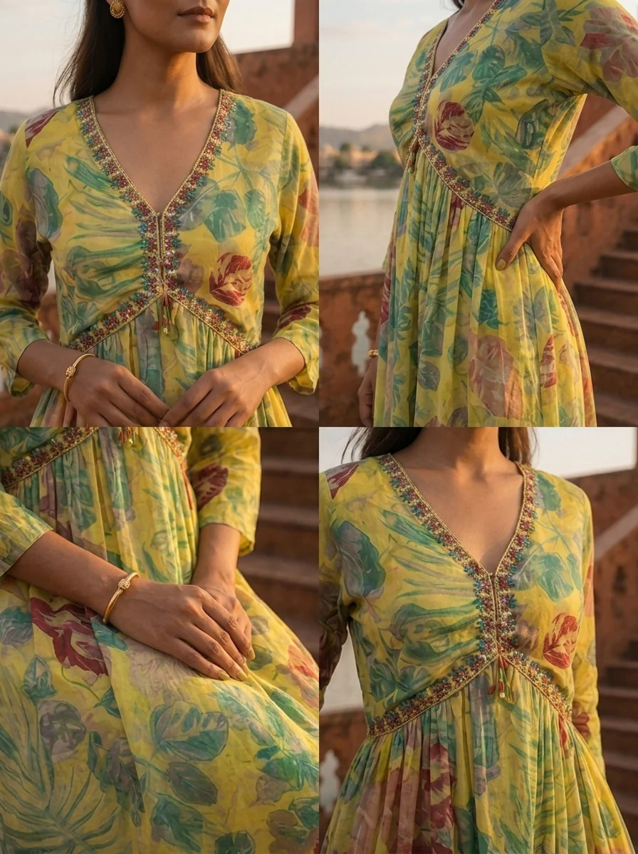Yellow Cotton Monstera And Tropical Leaves Dress - Image 5