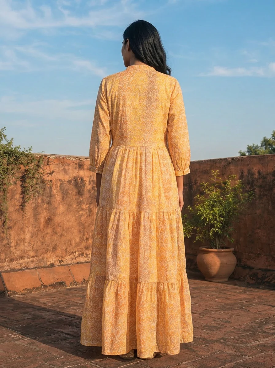 Yellow Cotton Ombre Bandhej Printed Dress - Image 2