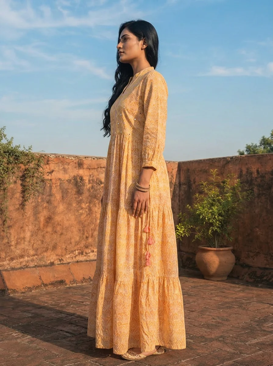 Yellow Cotton Ombre Bandhej Printed Dress - Image 3