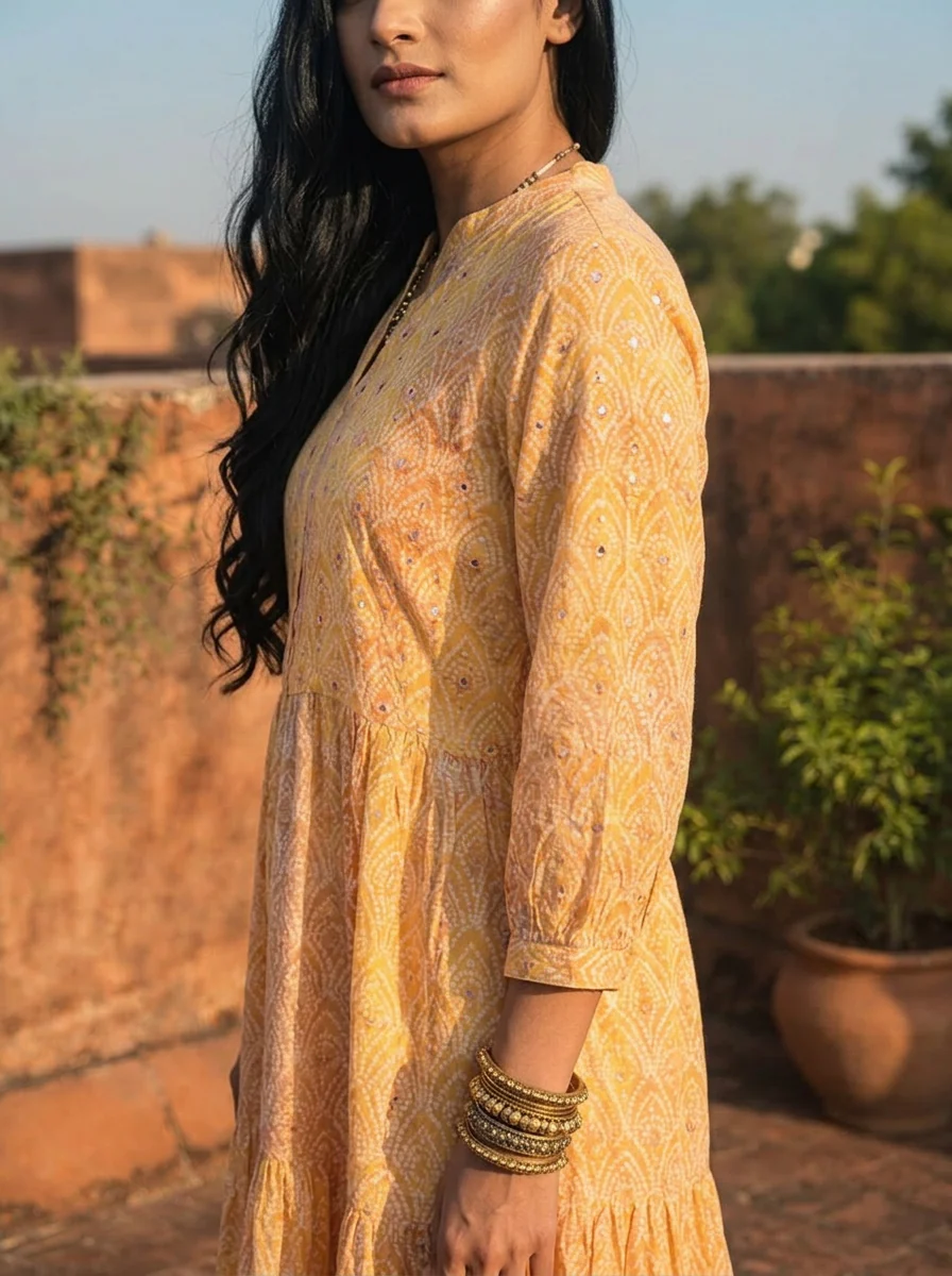 Yellow Cotton Ombre Bandhej Printed Dress - Image 4