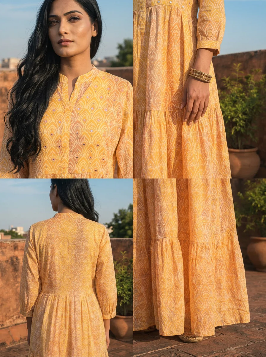 Yellow Cotton Ombre Bandhej Printed Dress - Image 5