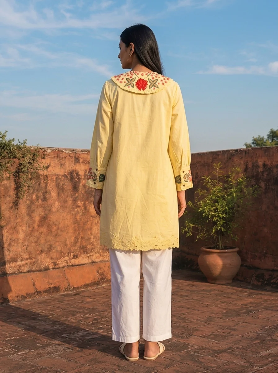 Yellow Cotton Placement Embroidered Kurta - Image 2