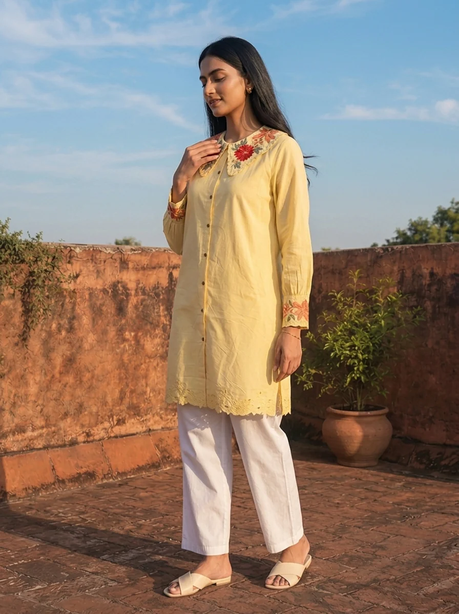 Yellow Cotton Placement Embroidered Kurta - Image 3