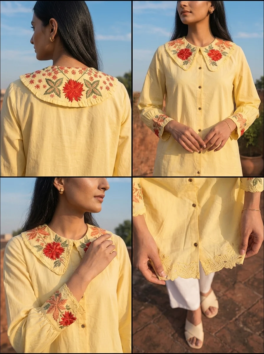 Yellow Cotton Placement Embroidered Kurta - Image 5