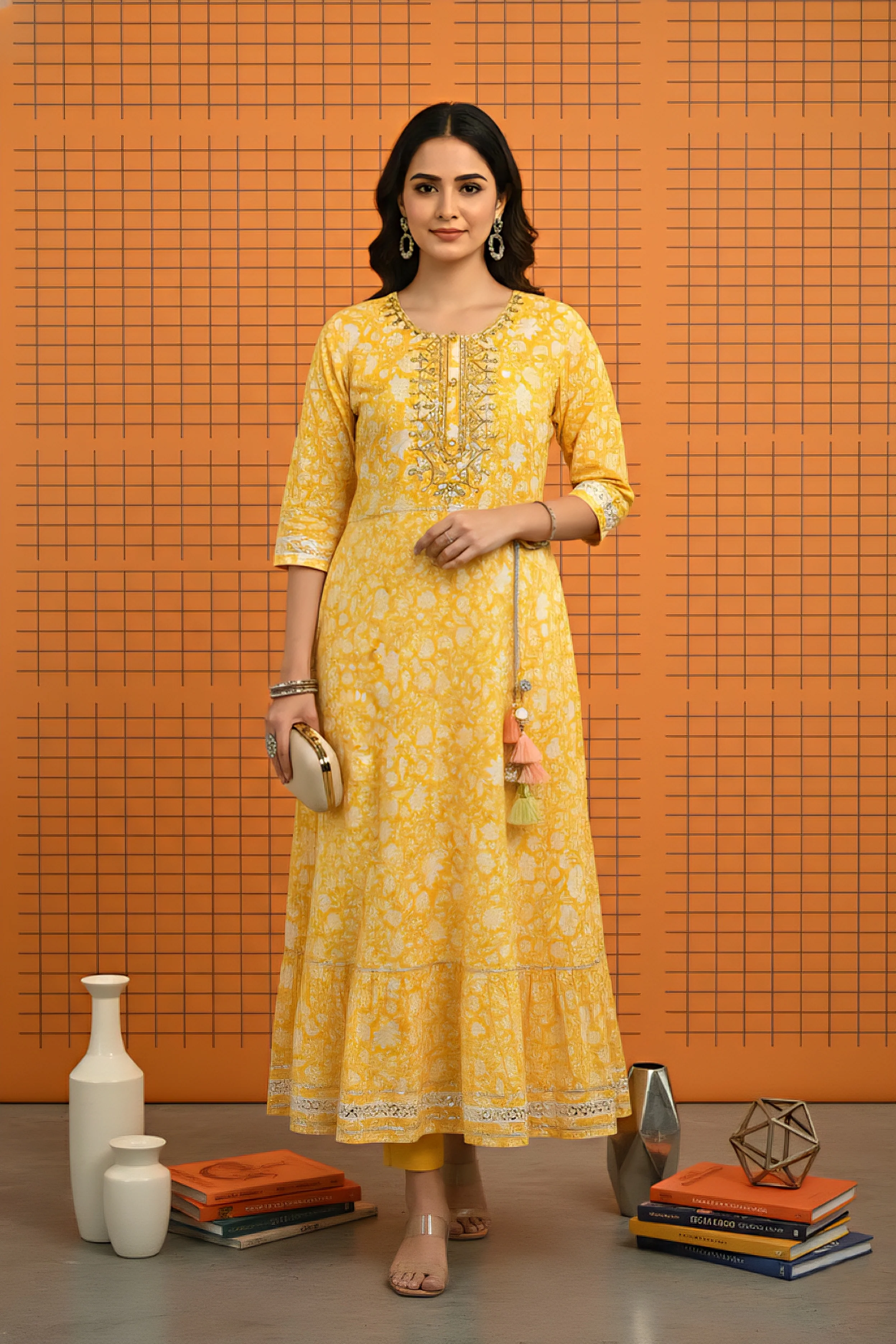 Yellow Cotton Sequins And Floral Printed Dress