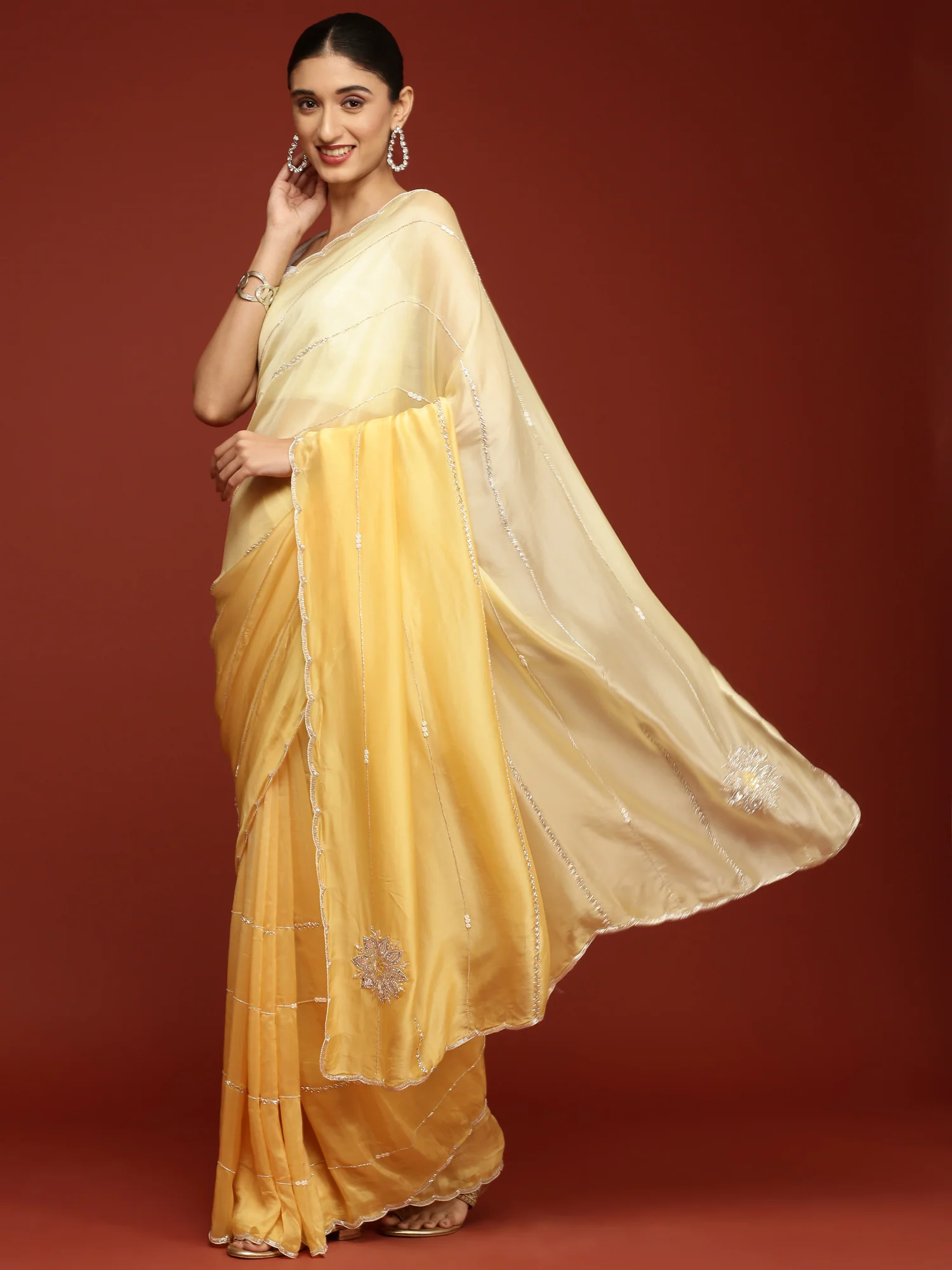 Yellow Crepe Embroidery Saree - Image 2