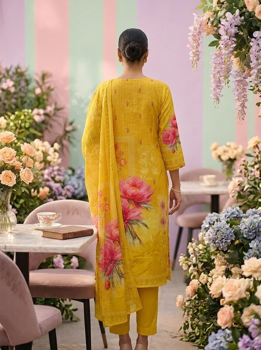 Yellow Crepe Floral Printed Three Piece Set - Image 2