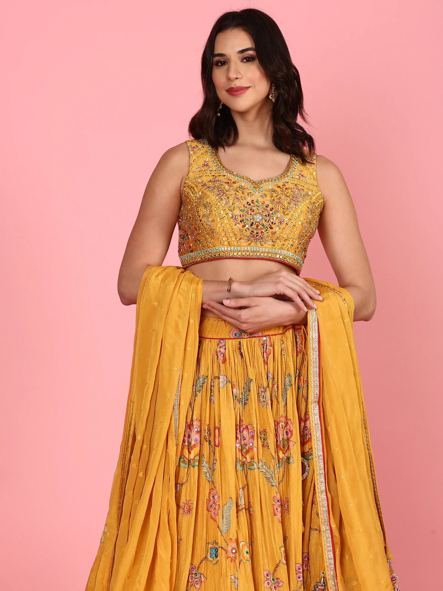 Yellow embroidered georgette Three piece ghagra set - Image 5