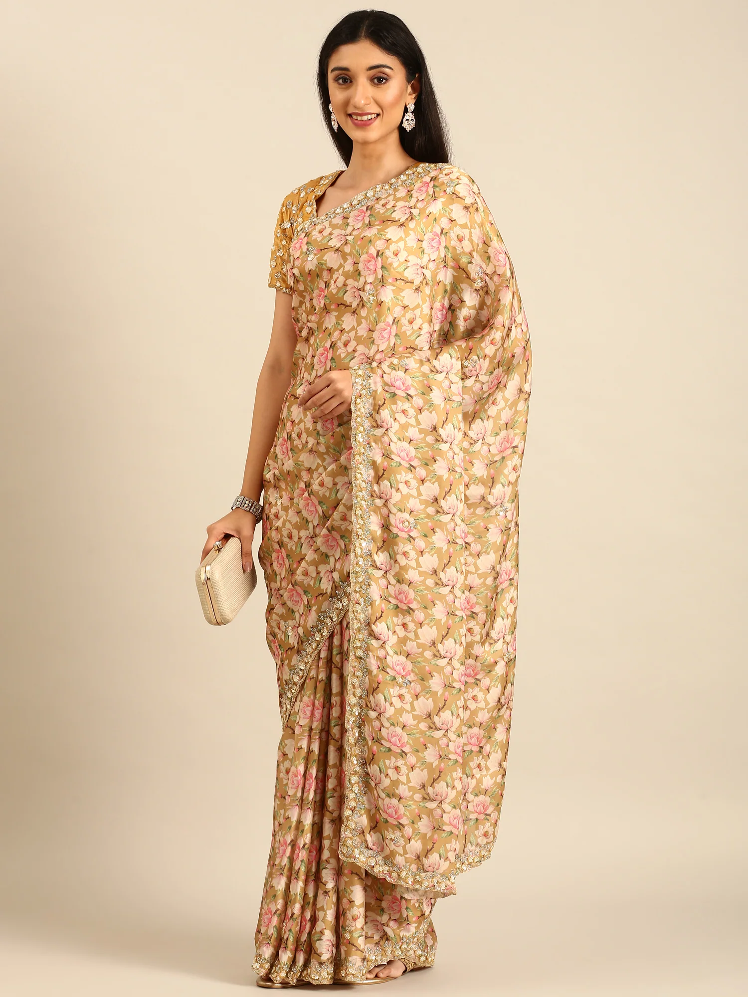 Yellow Floral Printed Satin Saree With Pearls & Sequins Embroidery With Heavy Readymade Blouse - Image 4