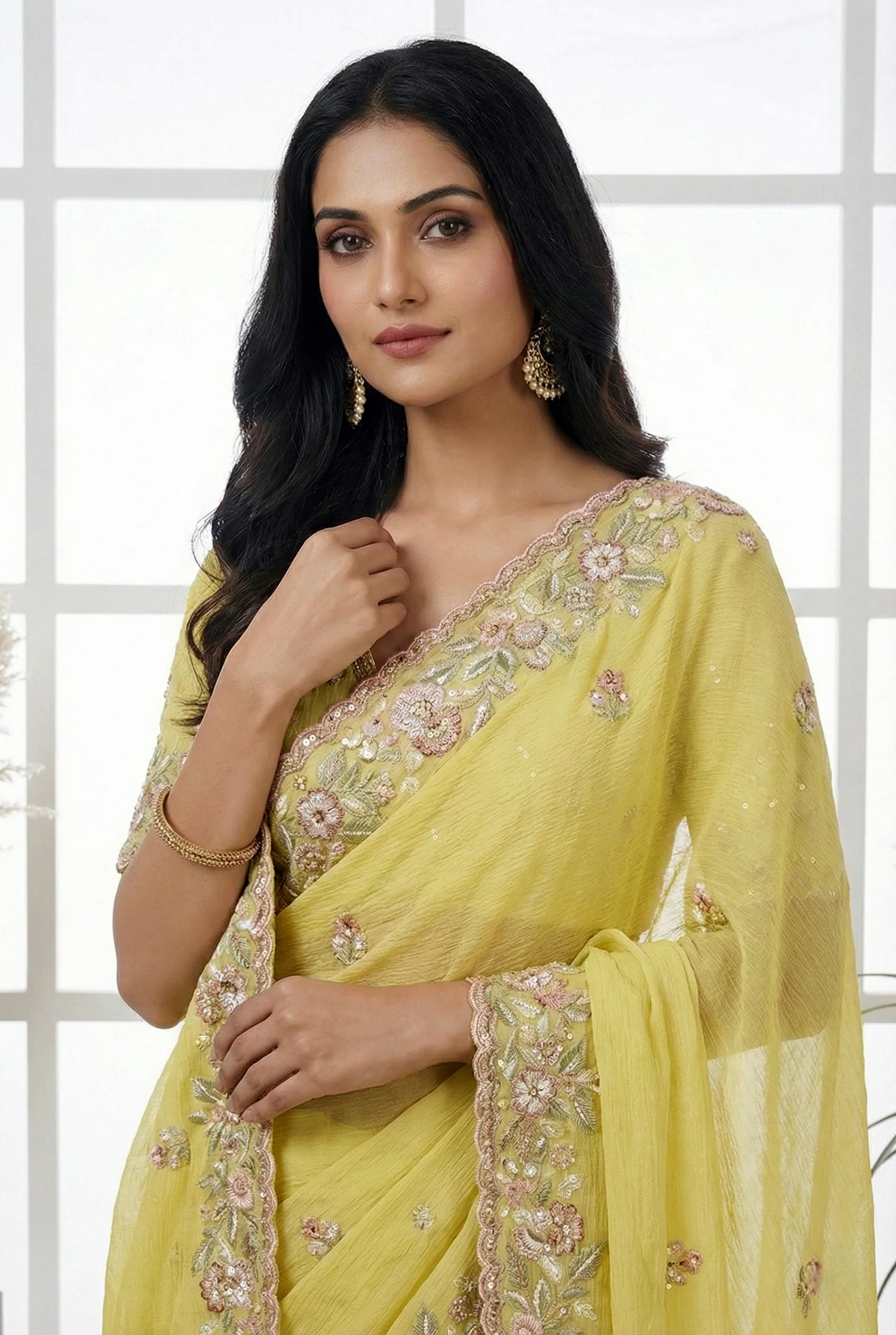 Yellow Georgette Floral Hand Embroidered Saree - Image 3