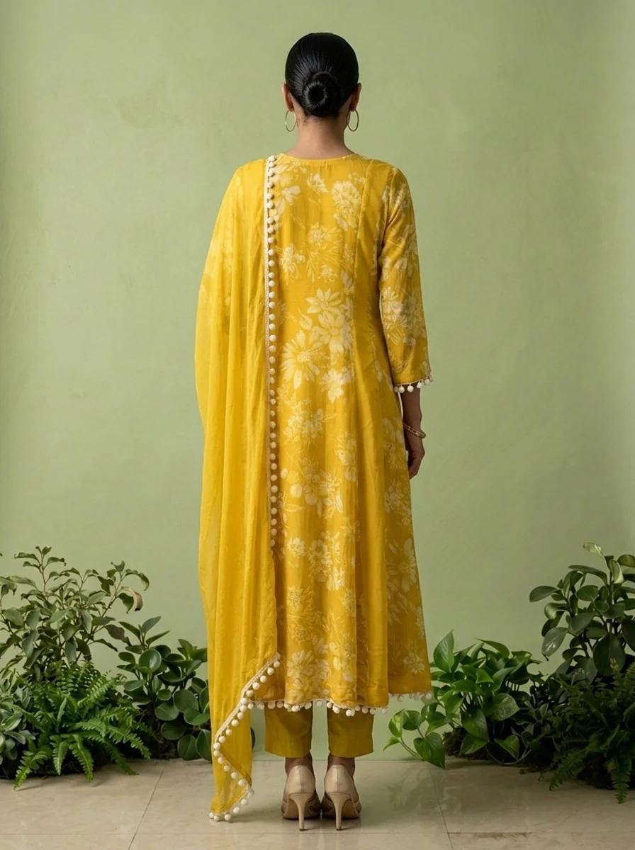 Yellow Georgette Floral Printed And Mirror Embroidered Three Piece Set - Image 3
