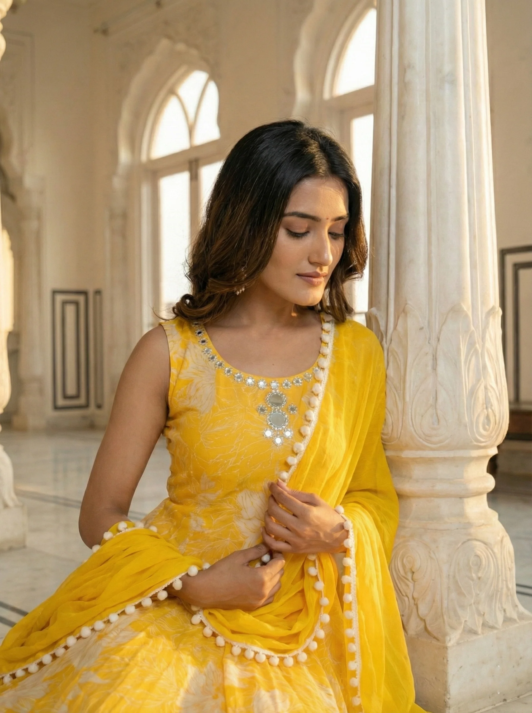 Yellow Georgette Floral Printed Three Piece Set - Image 2