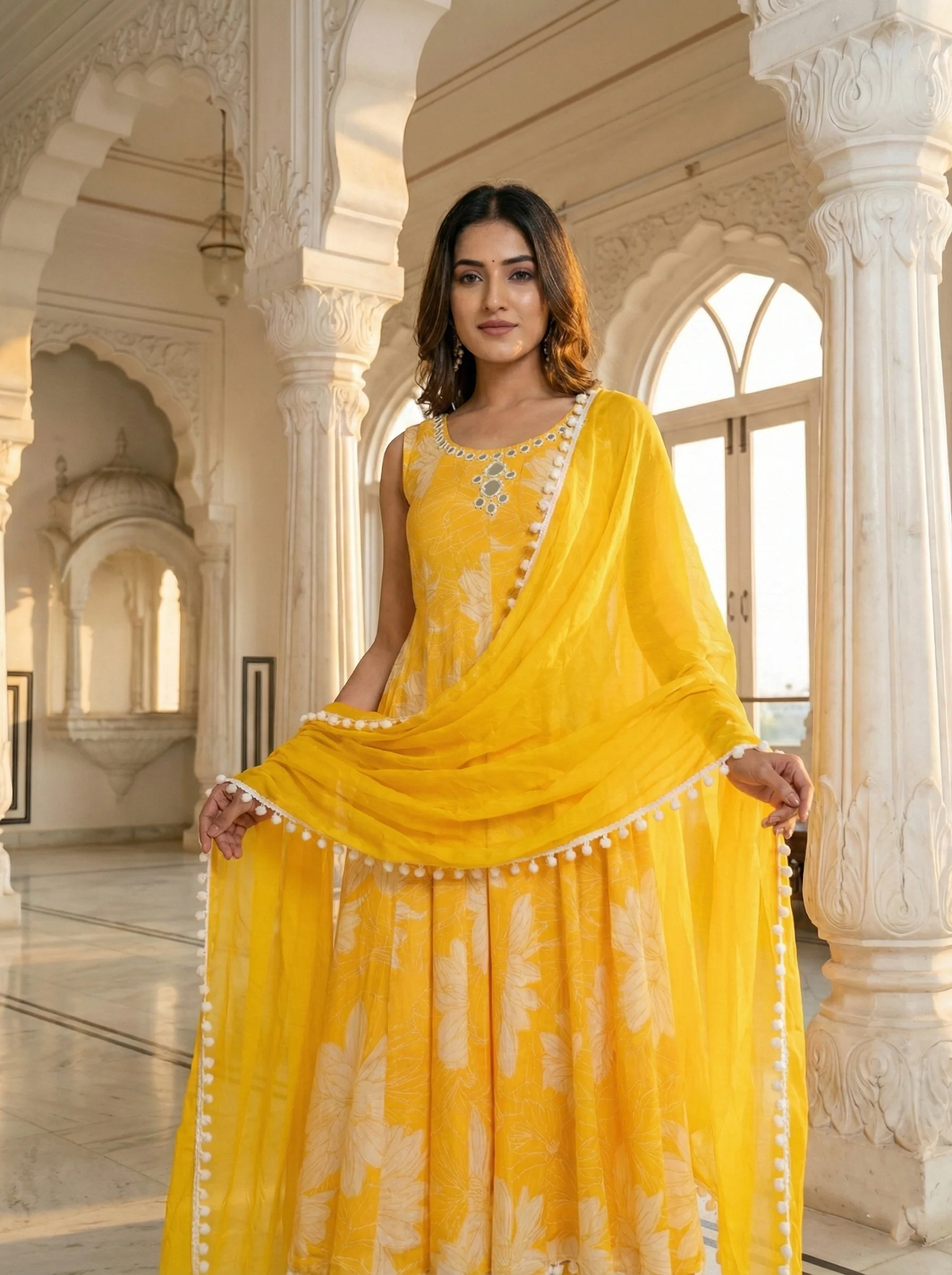 Yellow Georgette Floral Printed Three Piece Set - Image 3