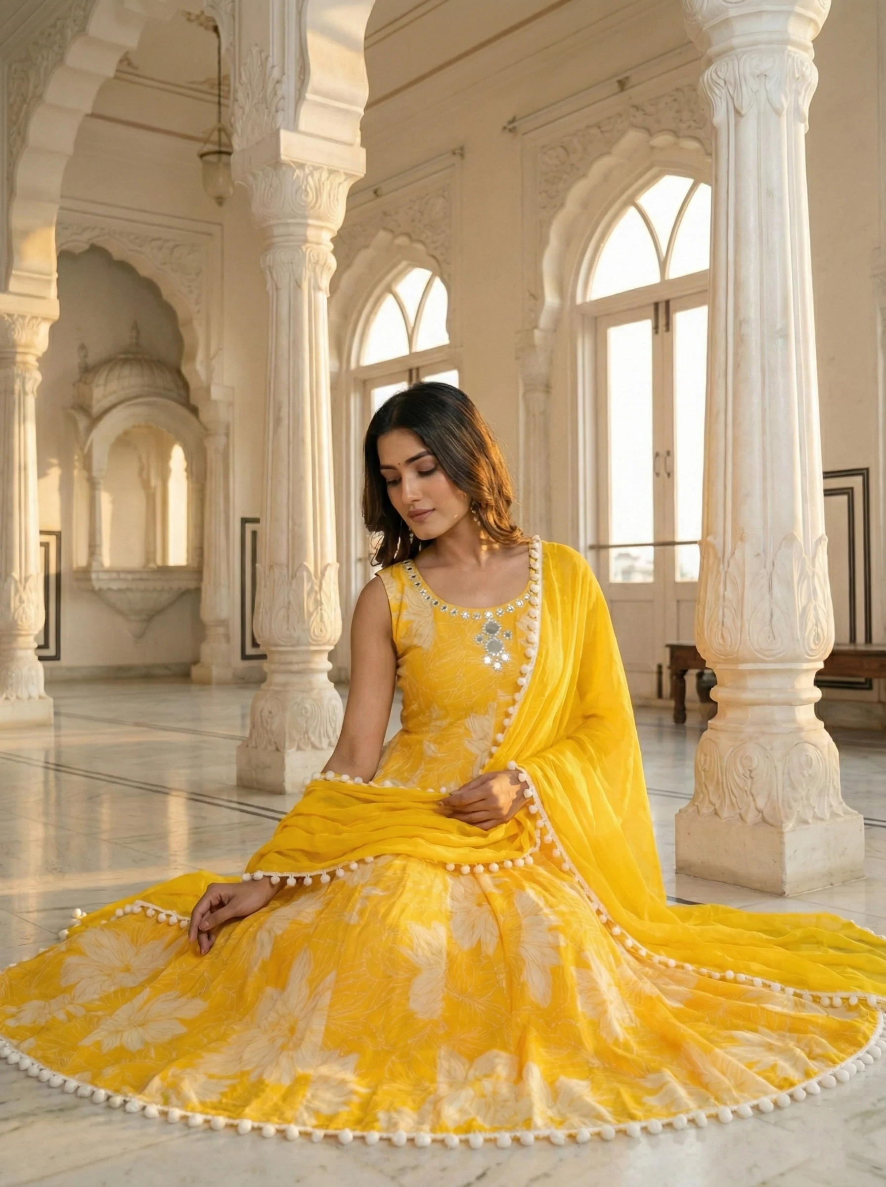 Yellow Georgette Floral Printed Three Piece Set - Image 4