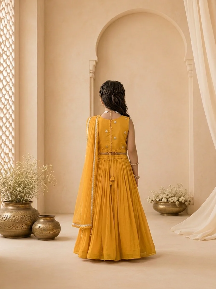 Yellow Georgette Scallop Hem Embroidered Ghagra Set - Image 3