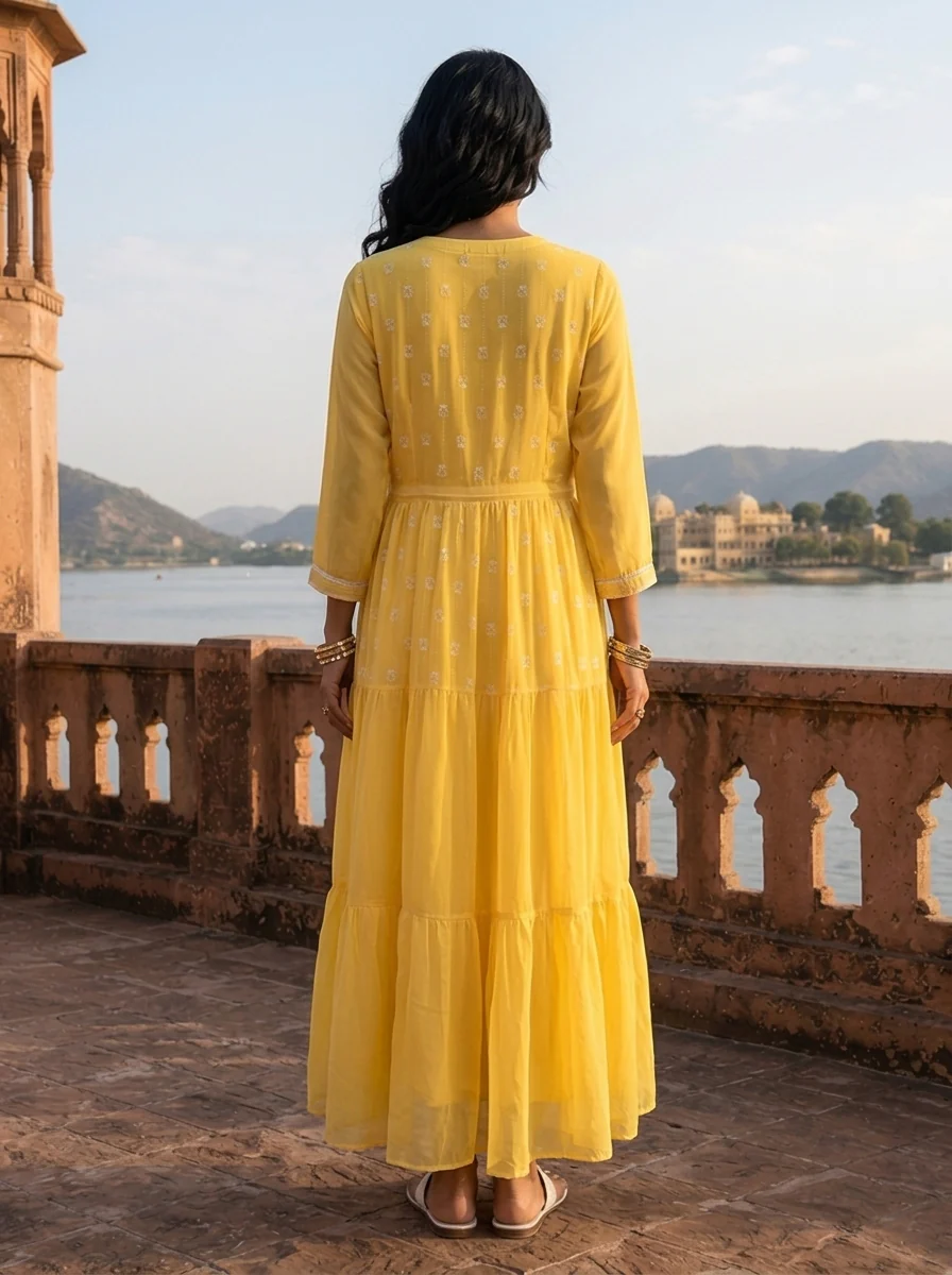 Yellow Georgette Turquoise Lace Trim Embroidered Dress - Image 2